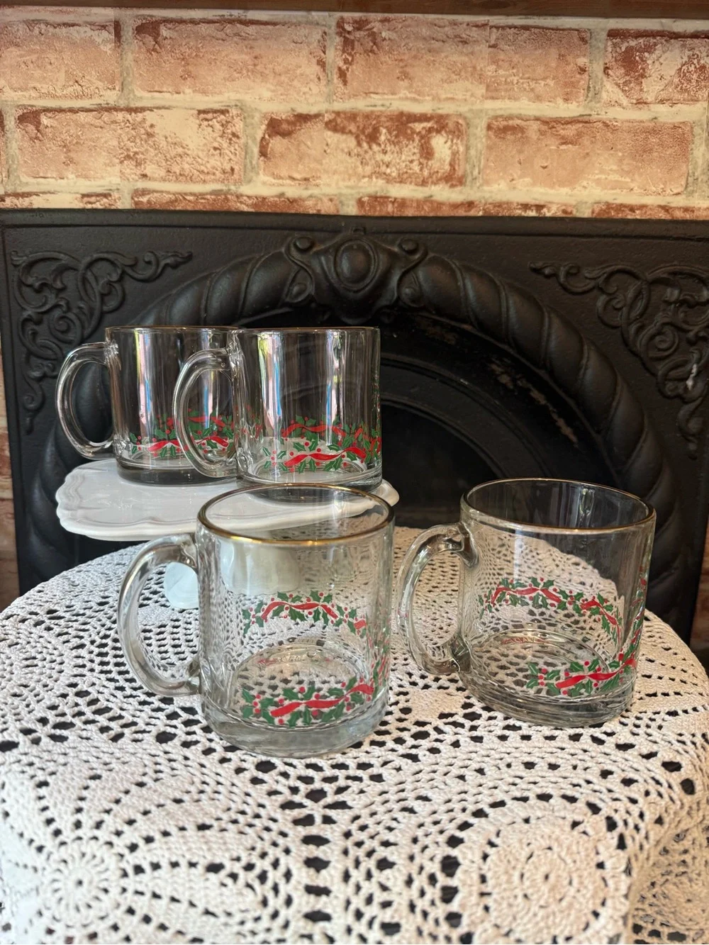 Vtg Libbey Holly Ribbon Christmas Clear Glass Mugs Gold Rim 12 Ounce Set f 4 USA